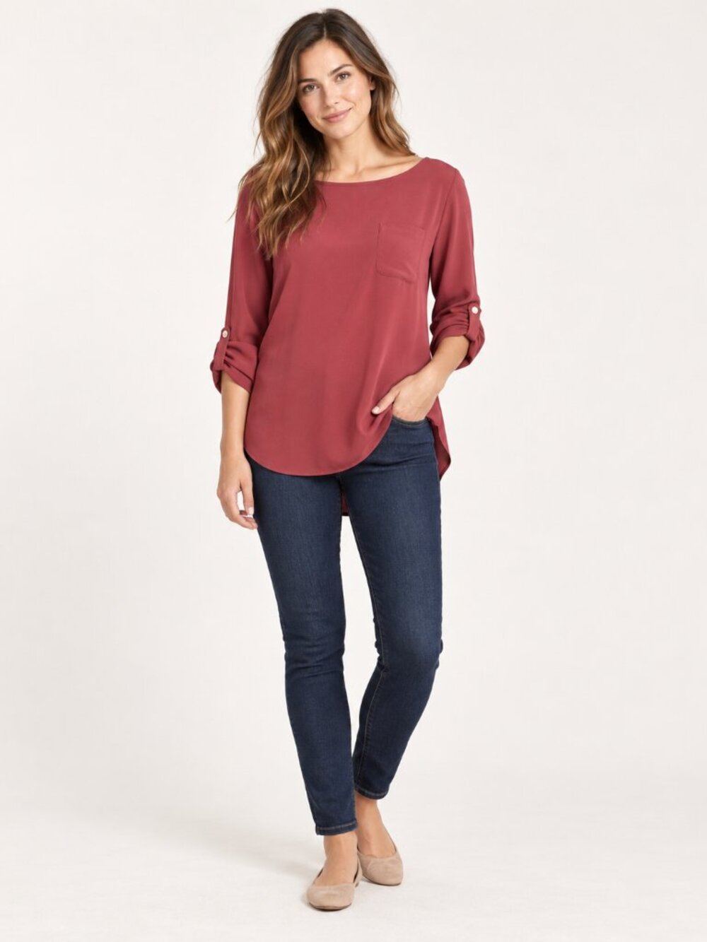 LOFT Dark Berry Roll Tab Sleeve High Low Blouse Top Size M Relaxed Fit Pocket